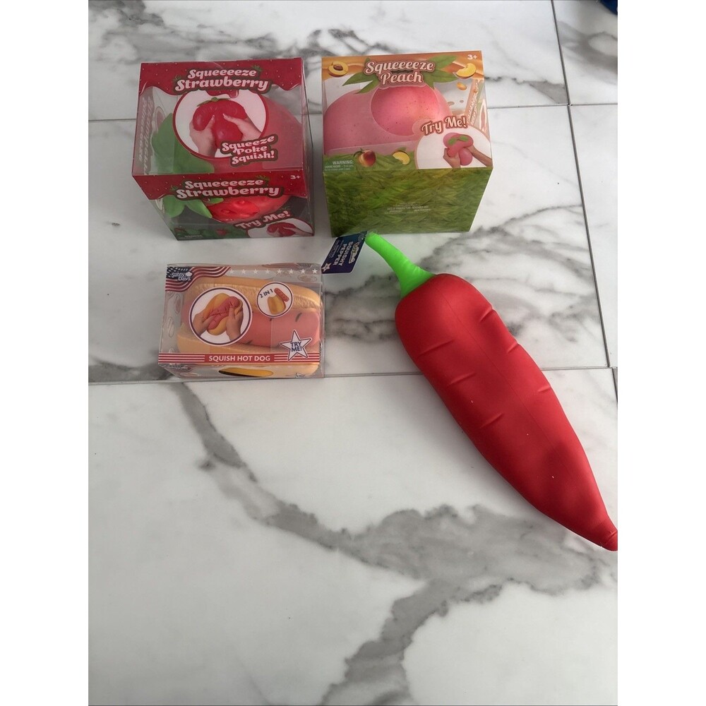 Squishy Toy Bundle Red Pepper, Hot Dog with Bun, Strawberry, and Peach